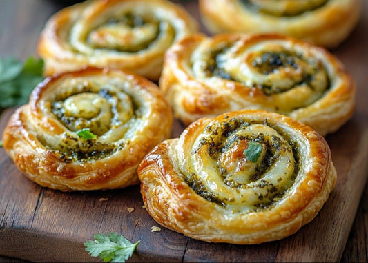 Puff pastry pinwheels with pesto on a wooden board