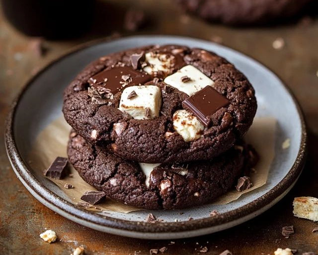 Two stacked chocolate chip cookies topped with chocolate chunks and white chocolate marshmallows on a ceramic plate, with a small cup of hot chocolate and crumbs on a rustic brown surface.