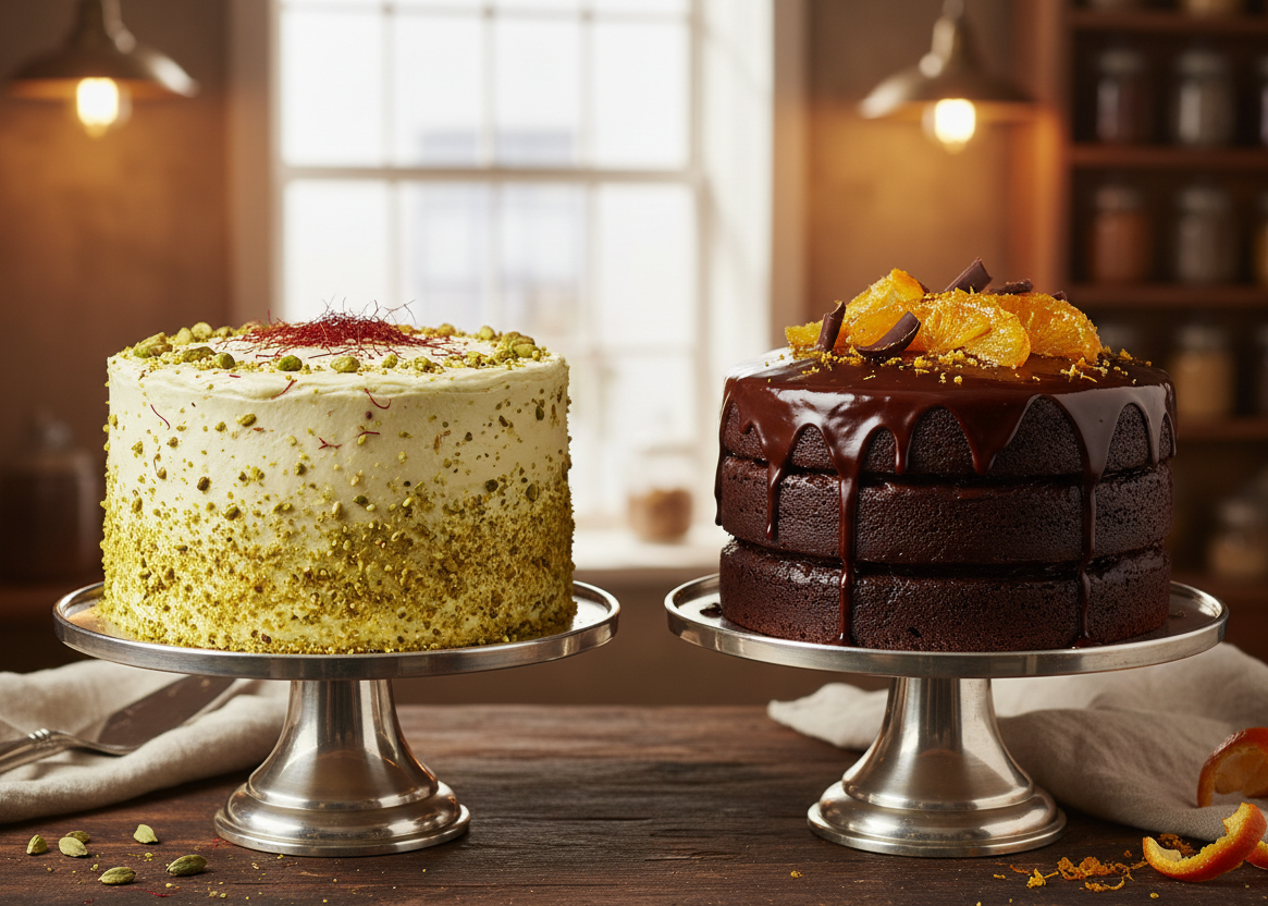 Two cakes on metal stands with a warm, indoor setting.