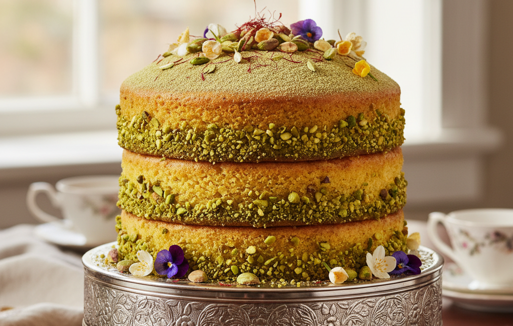 Green layered cake with decorative flowers on a silver stand in a cozy room.