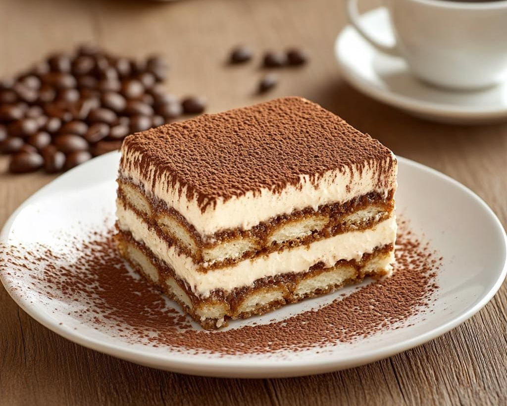 A square slice of layered tiramisu dessert on a white plate, dusted with cocoa powder, set on a wooden table with coffee beans, a cup of coffee, and a napkin in the background.