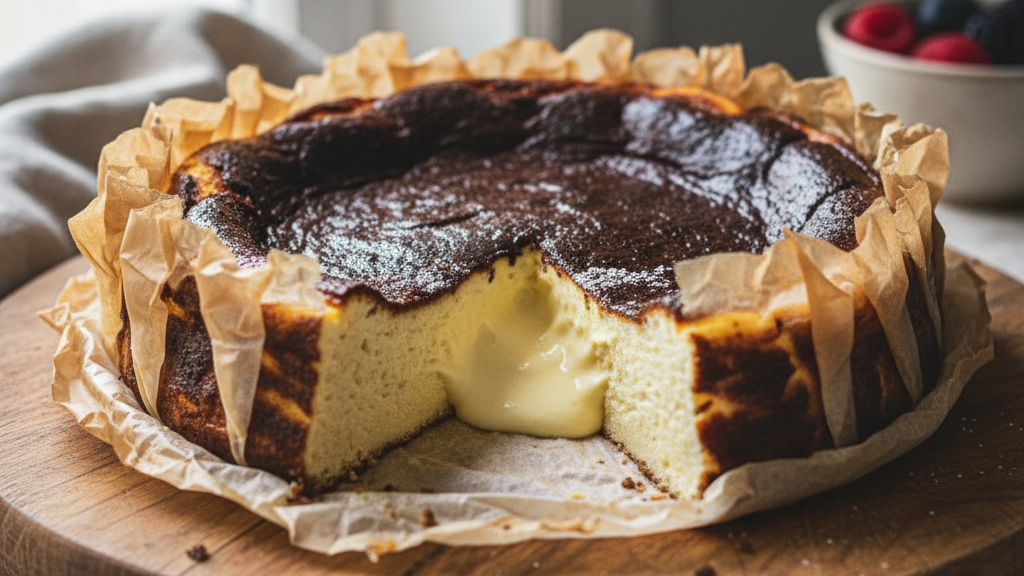 Cheesecake with a graham cracker crust on a wooden board with a blurred background