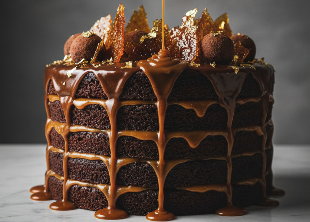 A multi-layer chocolate cake with rich caramel drizzle, topped with chocolate truffles, gold leaf flakes, and crispy caramel shards, set on a marble surface against a dark gray background.